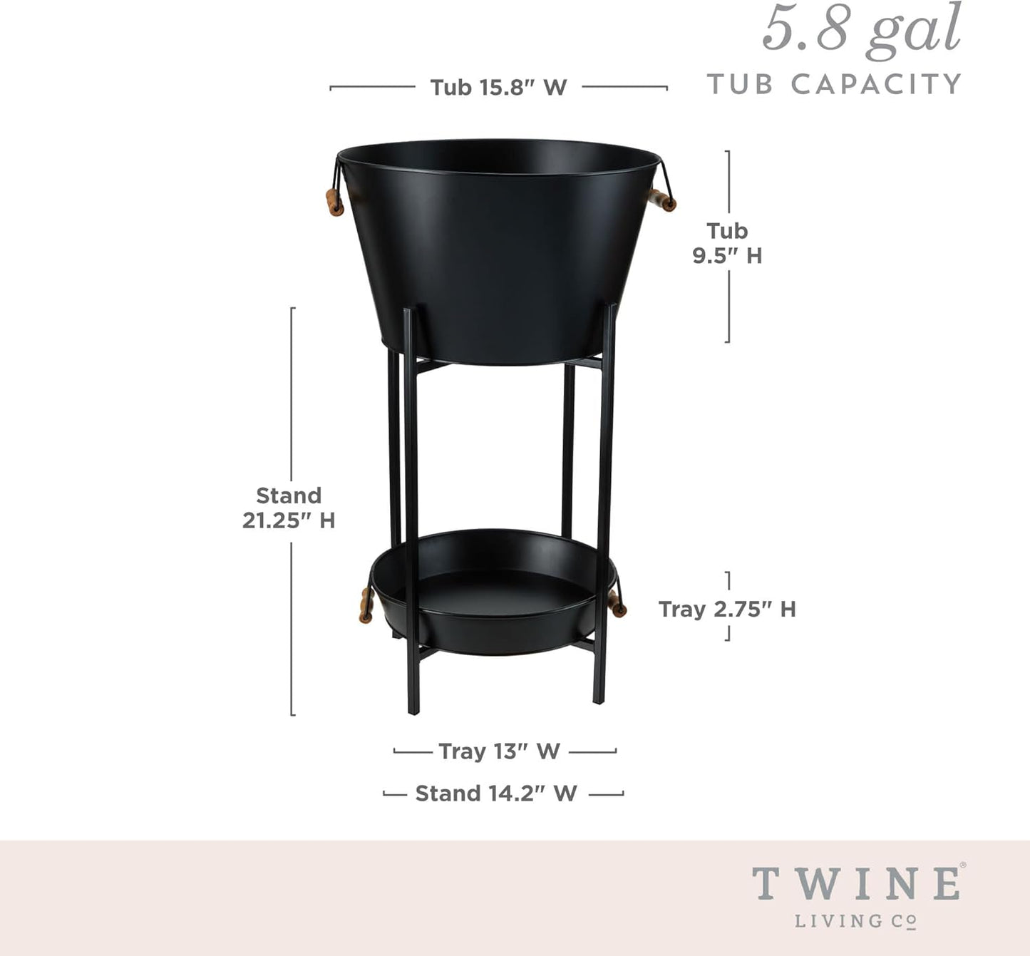 Twine Black Beverage Tub with Collapsible Stand, Large Metal Bucket and Tray, Ice Drink Buckets with Acacia Wood Handles for Parties, 3-Piece Set