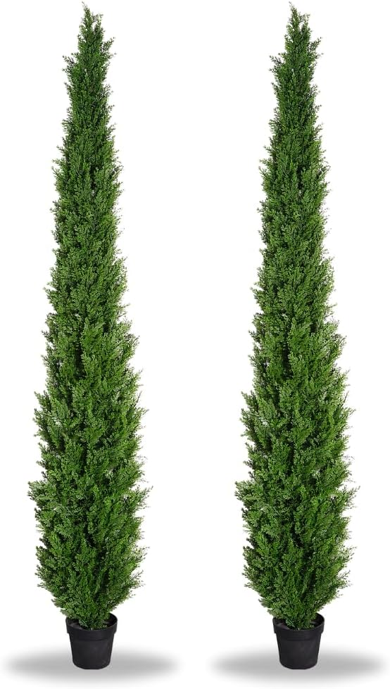 8 Feet Pre-Potted Evergreen Outdoor Artificial Cedar Tree for Front Porch Decor, Outdoor Entryway Decor Fake Tree, Tall Faux Tree with UV Resistant Coating (2 Pack)