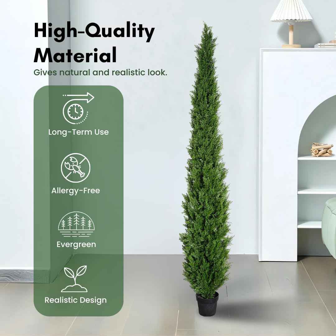 8 Feet Pre-Potted Evergreen Outdoor Artificial Cedar Tree for Front Porch Decor, Outdoor Entryway Decor Fake Tree, Tall Faux Tree with UV Resistant Coating (2 Pack)