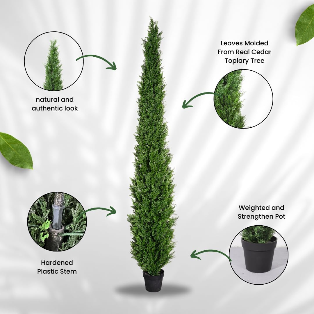 8 Feet Pre-Potted Evergreen Outdoor Artificial Cedar Tree for Front Porch Decor, Outdoor Entryway Decor Fake Tree, Tall Faux Tree with UV Resistant Coating (2 Pack)