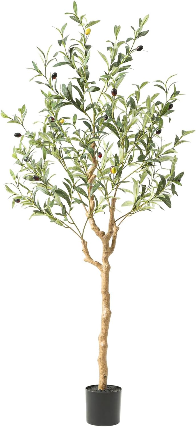 Tall Faux Olive Tree,8ft(96in) Realistic Potted Silk Artificial Olive Tree, Fake Olive Trees Indoor with Green Leaves and Big Fruits for Home Office Living Room Stairs Patio Decor.