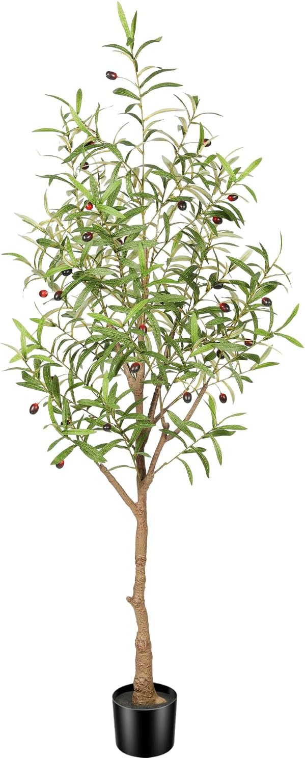 8ft Faux Olive Tree - Large Realistic Artificial Olive Trees 8 Feet (96") Indoor Fake Plants with Realistic Trunk, Adjustable Branch, Olive Silk Tree with Planter for Home Living Room Decor