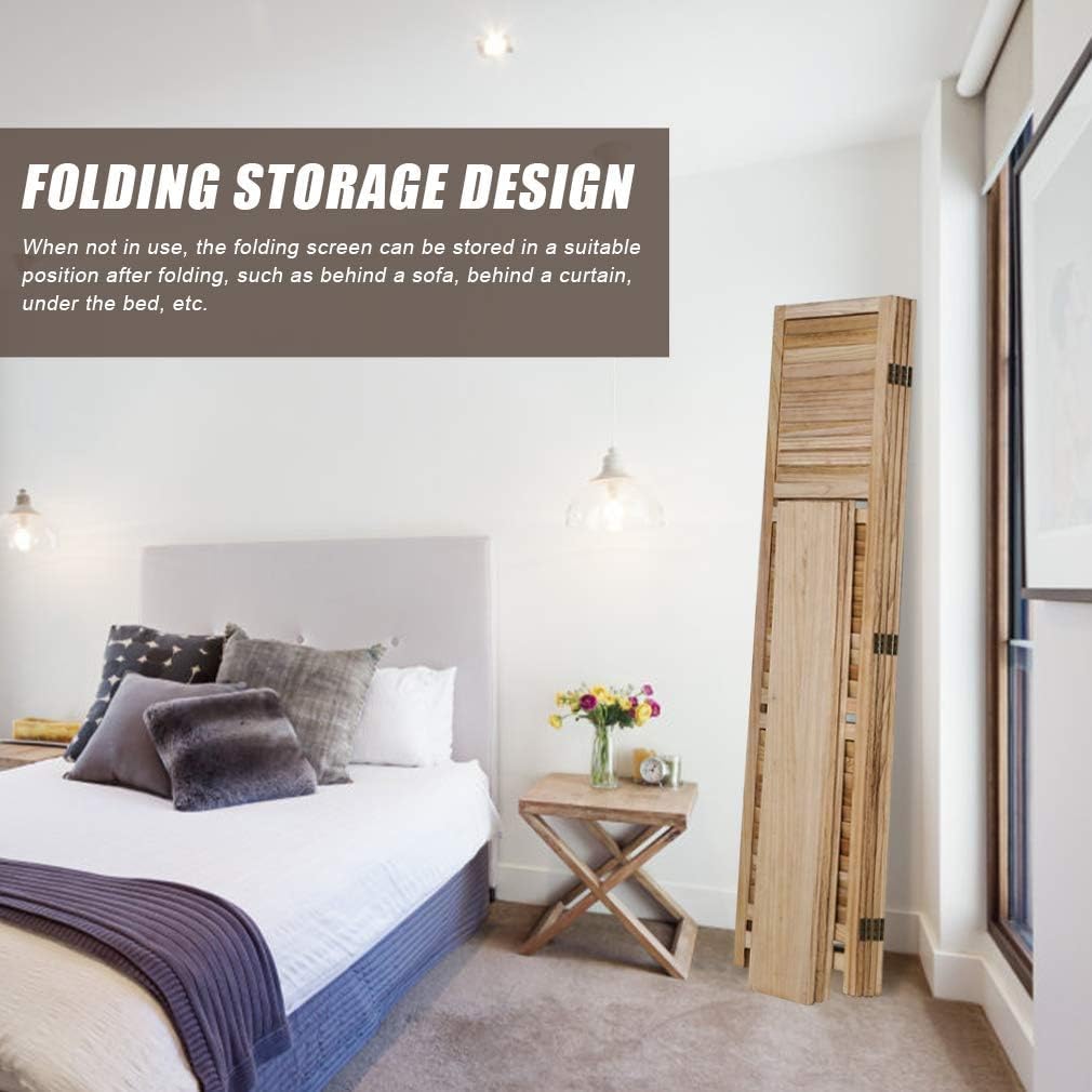 4 Panel Room Divider Folding Privacy Wooden Screen with Three Clever Shelf Portable Partition Wood Divider for Home Office, Natural