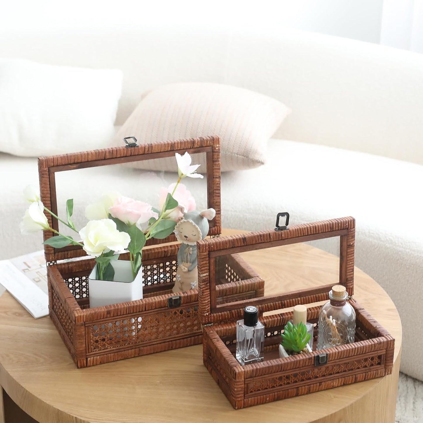 Rattan and Cane Stacking Boxes with Glass Top Lid - Set of 2 11.8" and 14.1", for Boho and Rustic Farmhouse Decor, Brown