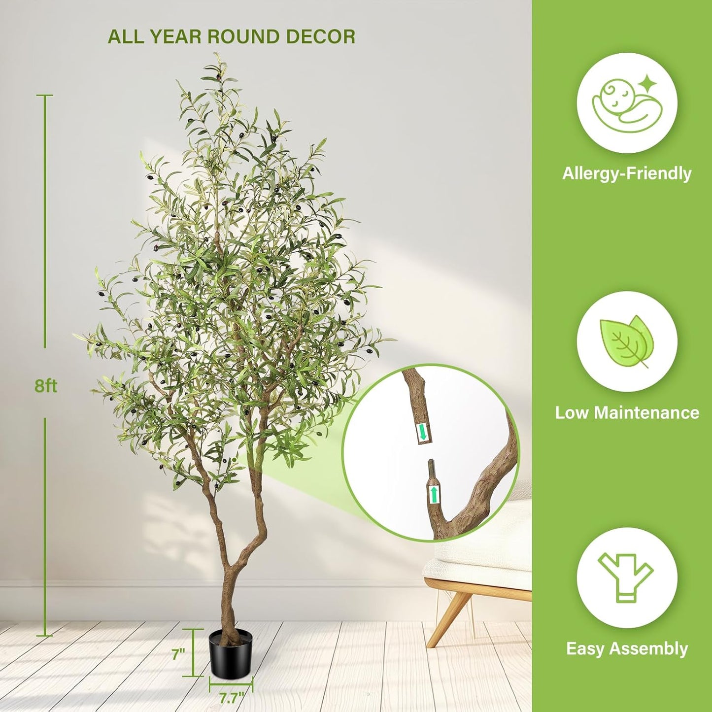 8ft Faux Olive Tree - Large Realistic Artificial Olive Trees 8 Feet (96") Indoor Fake Plants with Realistic Trunk, Adjustable Branch, Olive Silk Tree with Planter for Home Living Room Decor