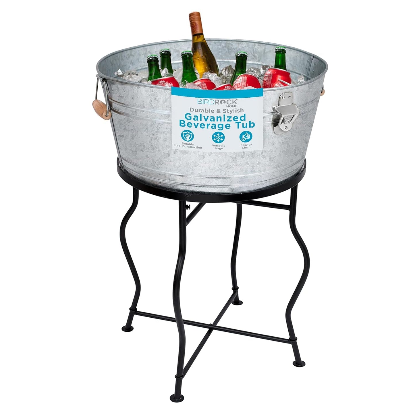 BirdRock Home Galvanized Beverage Tub with Stand | Bottle Opener | Party Drink Holder | Wooden Handles | Outdoor or Indoor Use | Free Standing