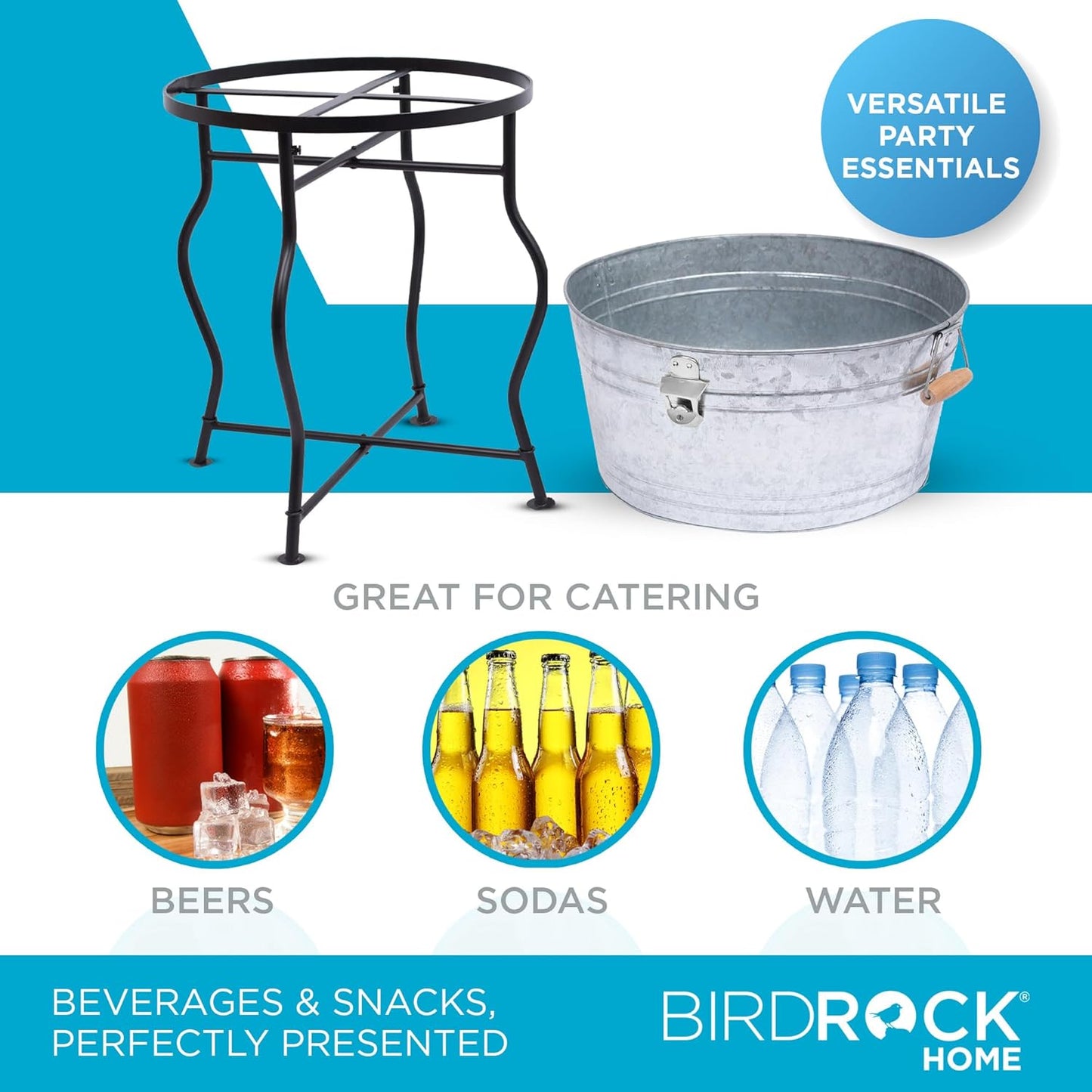 BirdRock Home Galvanized Beverage Tub with Stand | Bottle Opener | Party Drink Holder | Wooden Handles | Outdoor or Indoor Use | Free Standing