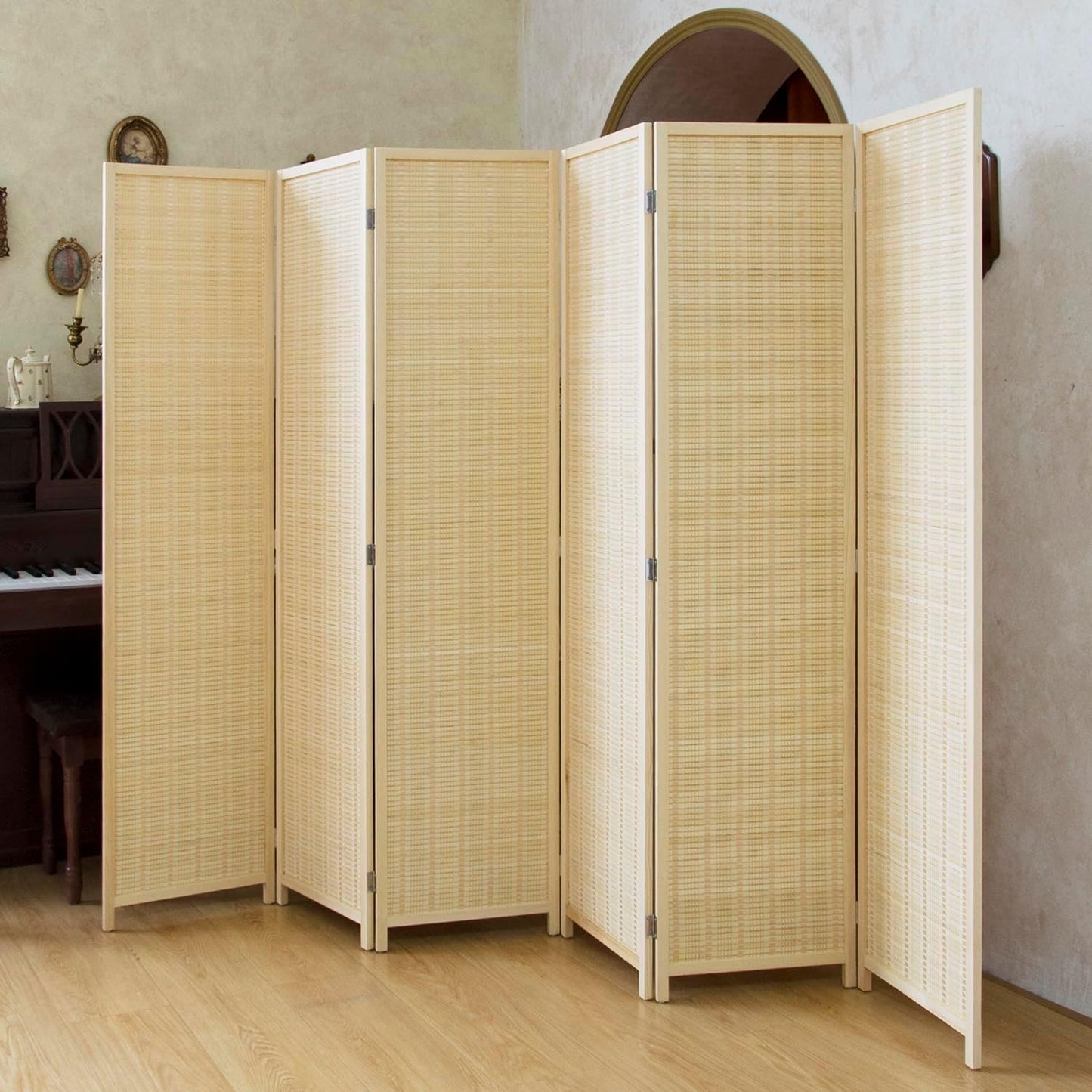 8 Panel Room Divider Folding Privacy Screen,67 inch Bamboo Panel Divider for Home Partition,Beige