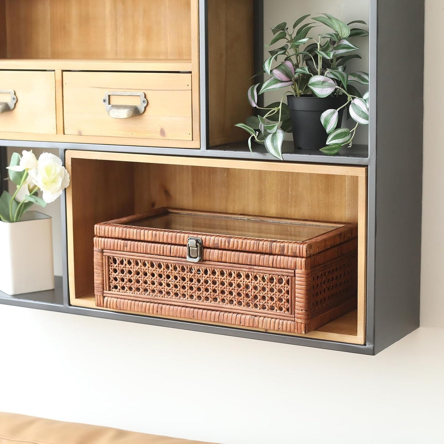 Rattan and Cane Stacking Boxes with Glass Top Lid - Set of 2 11.8" and 14.1", for Boho and Rustic Farmhouse Decor, Brown