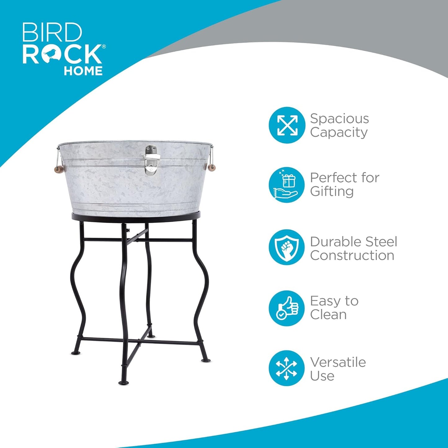 BirdRock Home Galvanized Beverage Tub with Stand | Bottle Opener | Party Drink Holder | Wooden Handles | Outdoor or Indoor Use | Free Standing