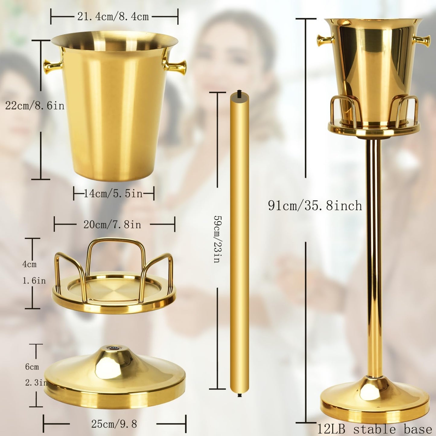 Ice Bucket with Stand Christmas Stainless Steel Standing Bucket Ice Cube Container, Wine Bucket on rack Gold Champagne Ice-Bucket for Wine Beer KTV Club Bar Bbq Party Wedding, 12lb 5L