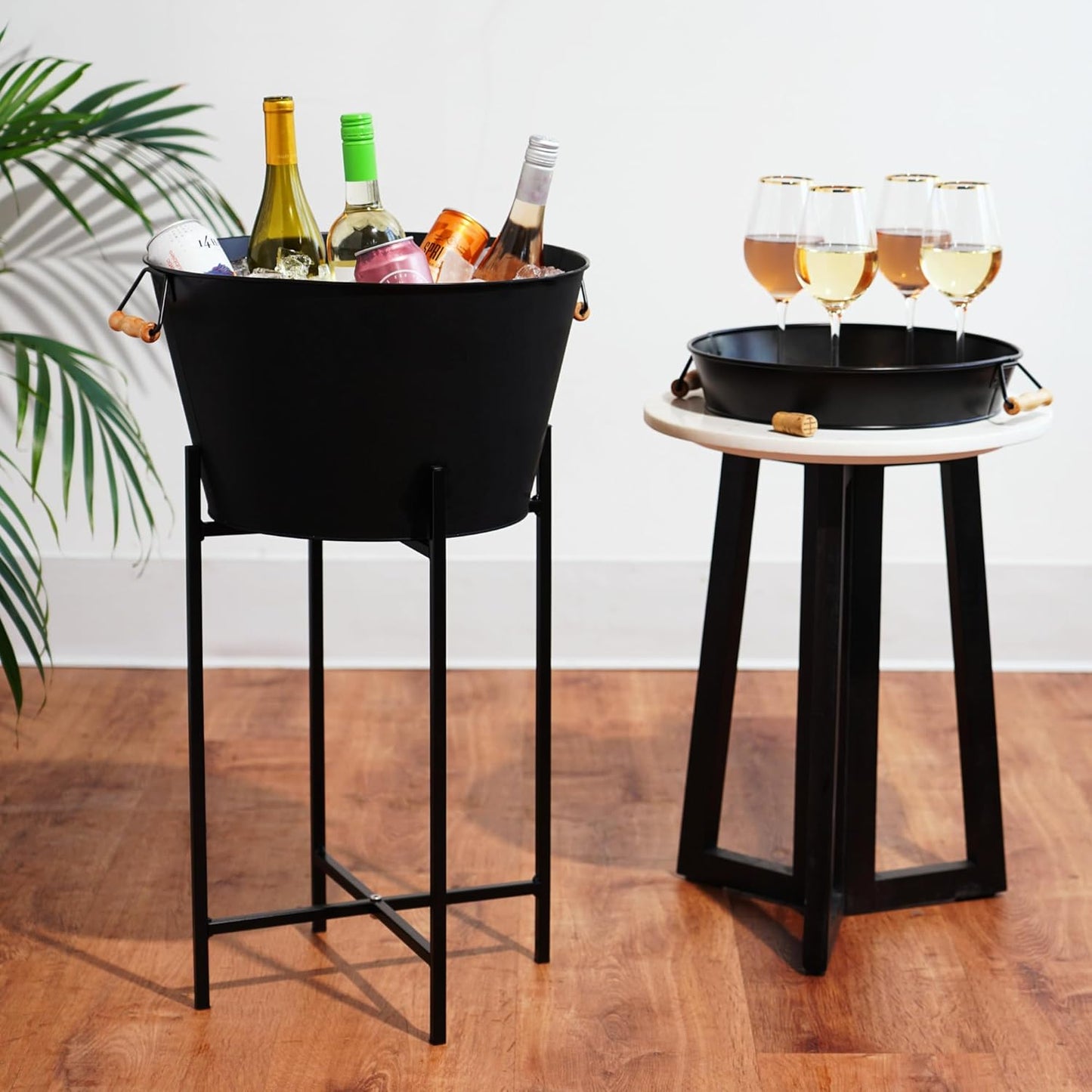 Twine Black Beverage Tub with Collapsible Stand, Large Metal Bucket and Tray, Ice Drink Buckets with Acacia Wood Handles for Parties, 3-Piece Set