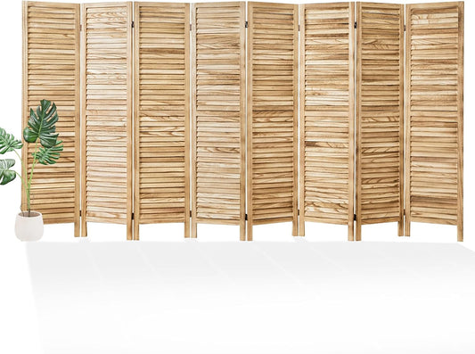Room Partitions and Dividers, Temporary Wall with Double Hinges, 5.6 Ft Tall Folding Louver Wood Screen for Home Office Bedroom Hotel Decoration (8 Panels, Wood Color)