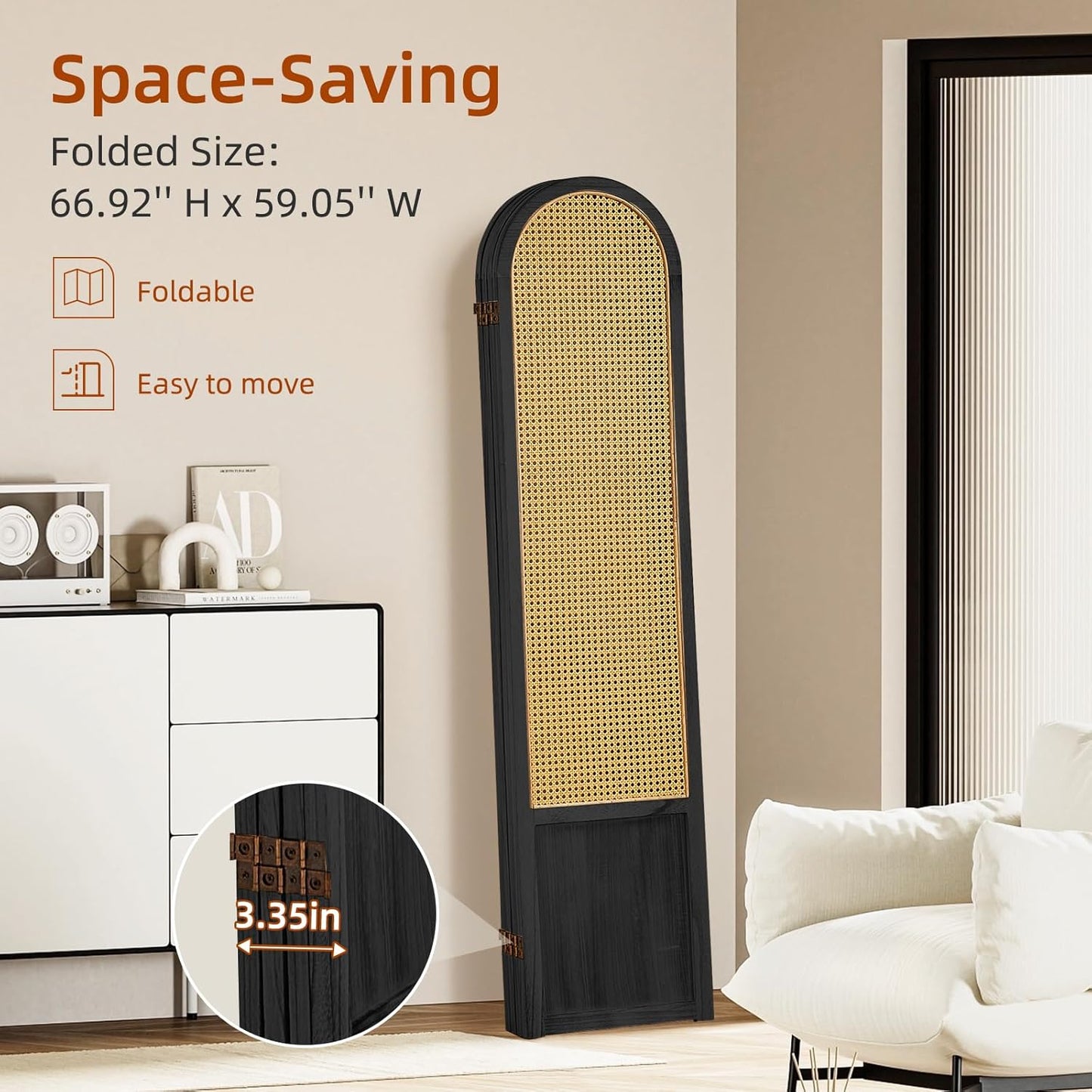 4 Panel Room Dividers and Folding Privacy Screens, Hand-Made Rattan Room Divider with Bi-Directional Hinge, Pre-Assembled Wood Room Divider Wall for Home Office Bedroom, Black