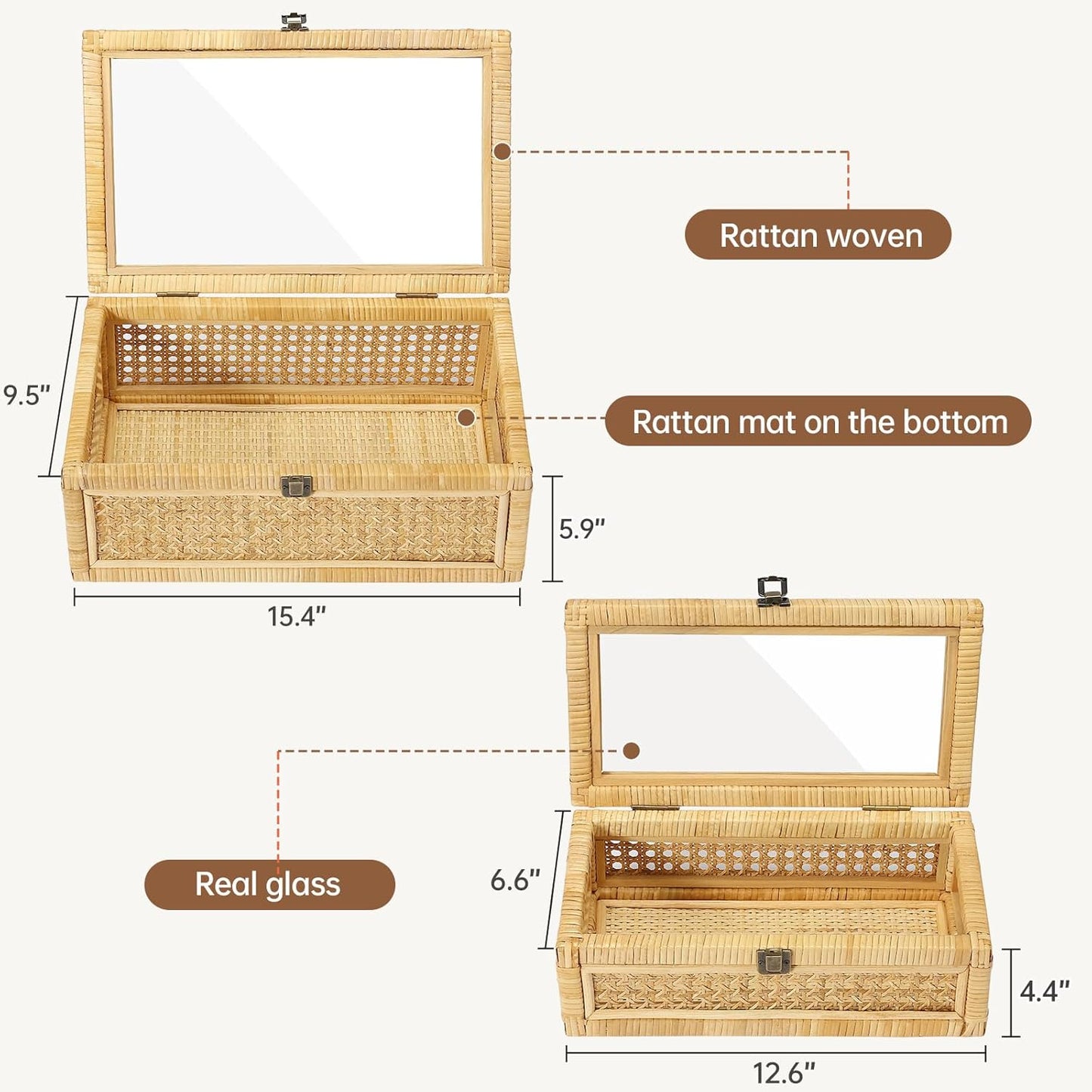 Rattan Decorative Box with Lid, Set of 2 Wicker Storage Baskets, Rectangular Woven Stacking Display Boxes with Glass Top, Large Natural Cane and Wood Storage Bins for Home Decor, Boho Shelf Organizer