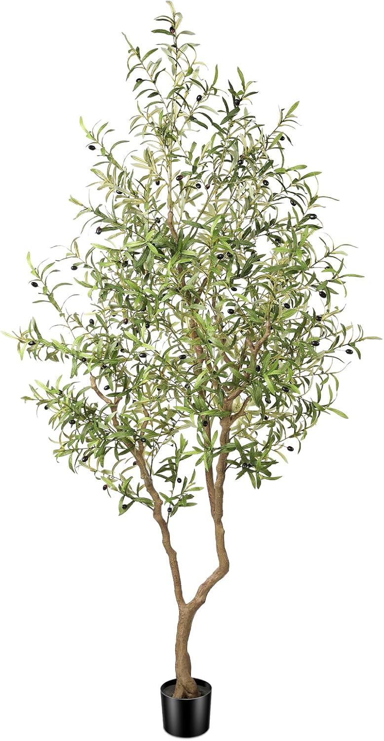 8ft Faux Olive Tree - Large Realistic Artificial Olive Trees 8 Feet (96") Indoor Fake Plants with Realistic Trunk, Adjustable Branch, Olive Silk Tree with Planter for Home Living Room Decor