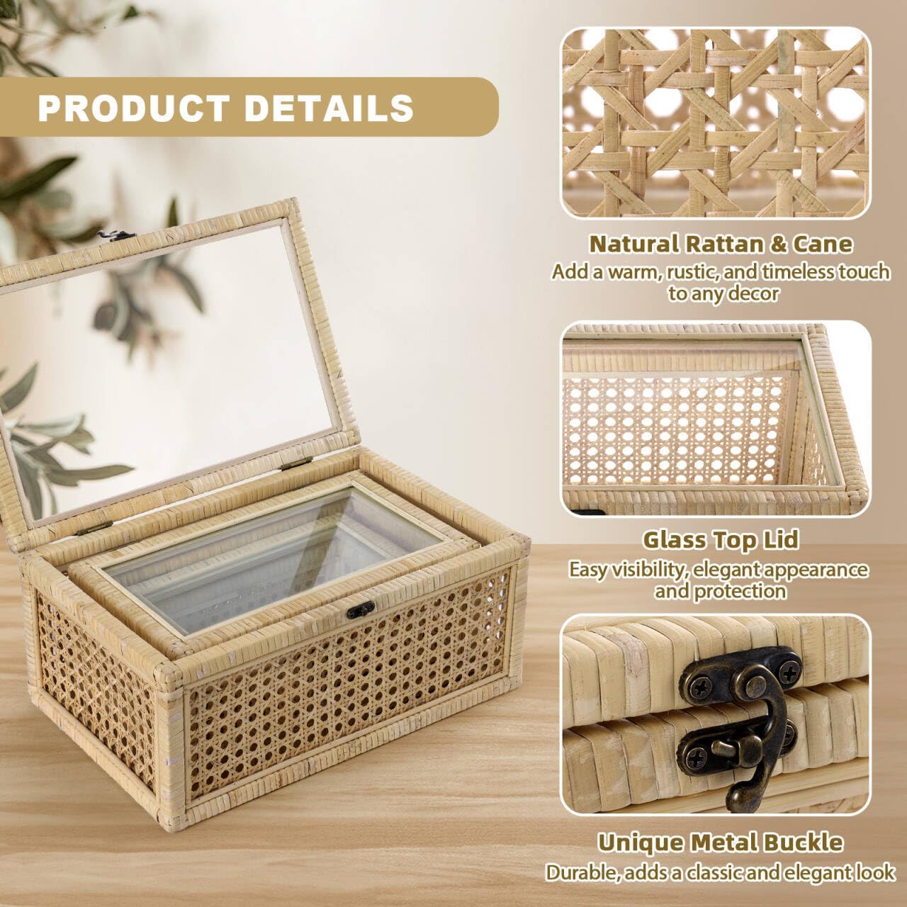 ANMINY Rattan Decorative Basket Box with Glass Lids, Set of 3 Boho Rectangular Display Boxes with Clear Top, Stackable Natural Handwoven Cane Wicket Storage Baskets Bins for Home Farmhouse Decor