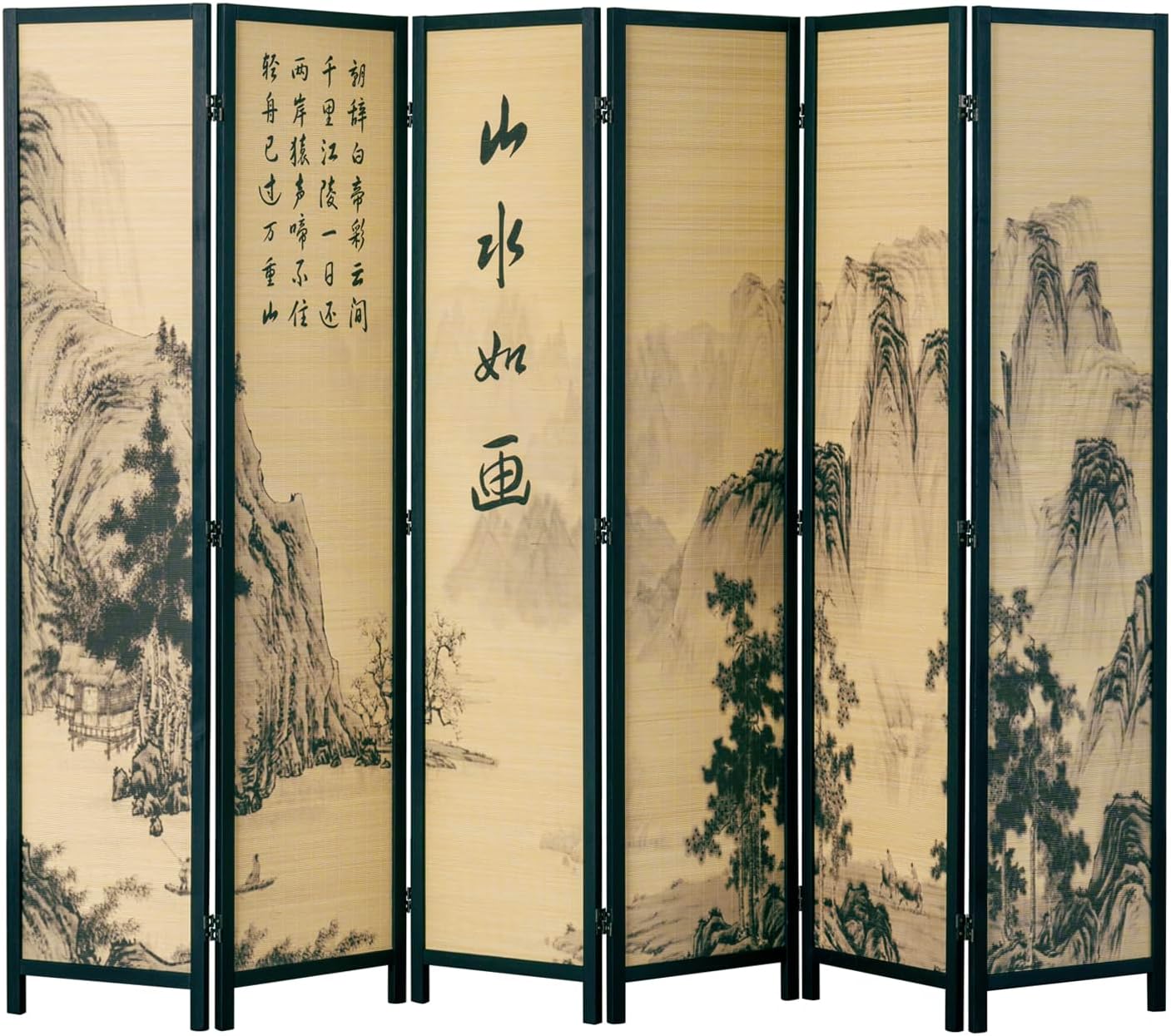 MyGift Decorative 4 Panel Folding Room Divider Bamboo Screen with Chinese Calligraphy Design, 6FT Freestanding Floral Artwork Room Partitioner with Black Wood Frame