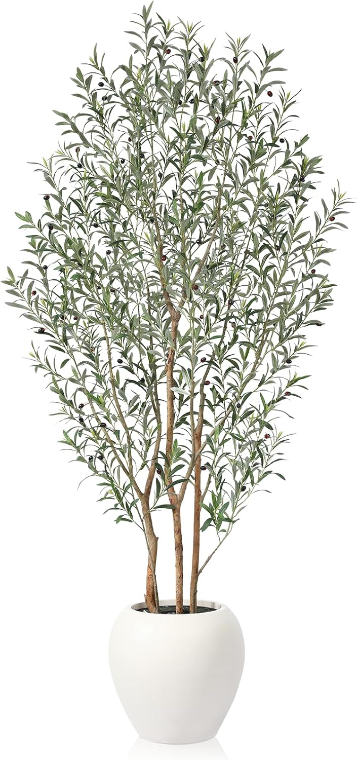 8FT Artificial Ficus Tree, Indoor Faux Ficus Plant with Realistic Leaves & Natural Wood Trunk, 8ft Tall, Green, All Seasons, Perfect for Living Room Home Decor