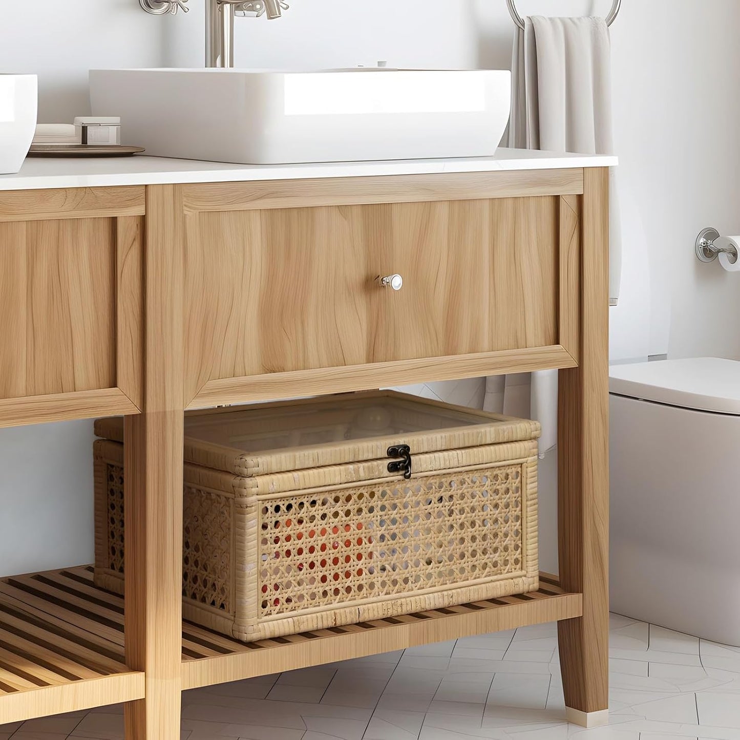 ANMINY Rattan Decorative Basket Box with Glass Lids, Set of 3 Boho Rectangular Display Boxes with Clear Top, Stackable Natural Handwoven Cane Wicket Storage Baskets Bins for Home Farmhouse Decor