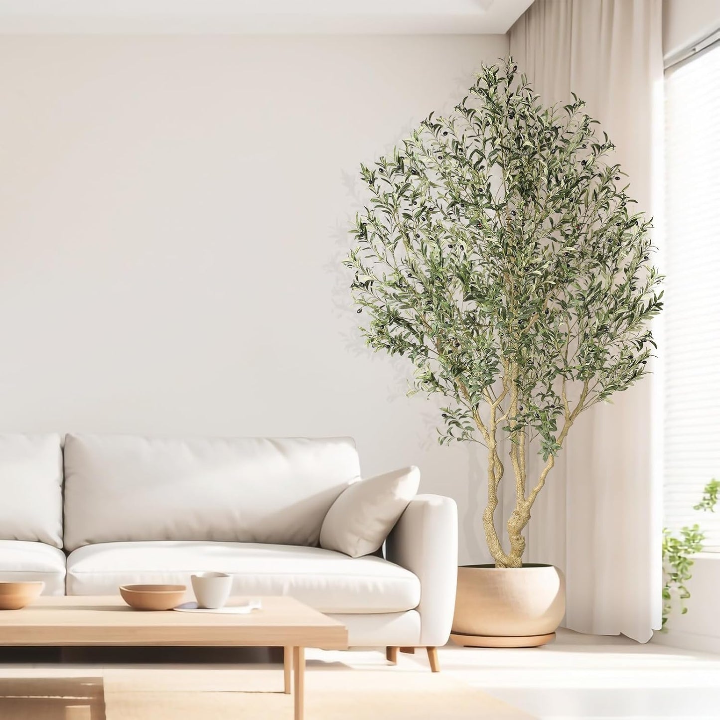 Realead Artificial Olive Tree 8ft - Large Faux Olive Tree with Realistic Leaves and Olives - Full and Grand Design Fake Olive Tree with Sturdy Base for Indoor Outdoor Office Decor