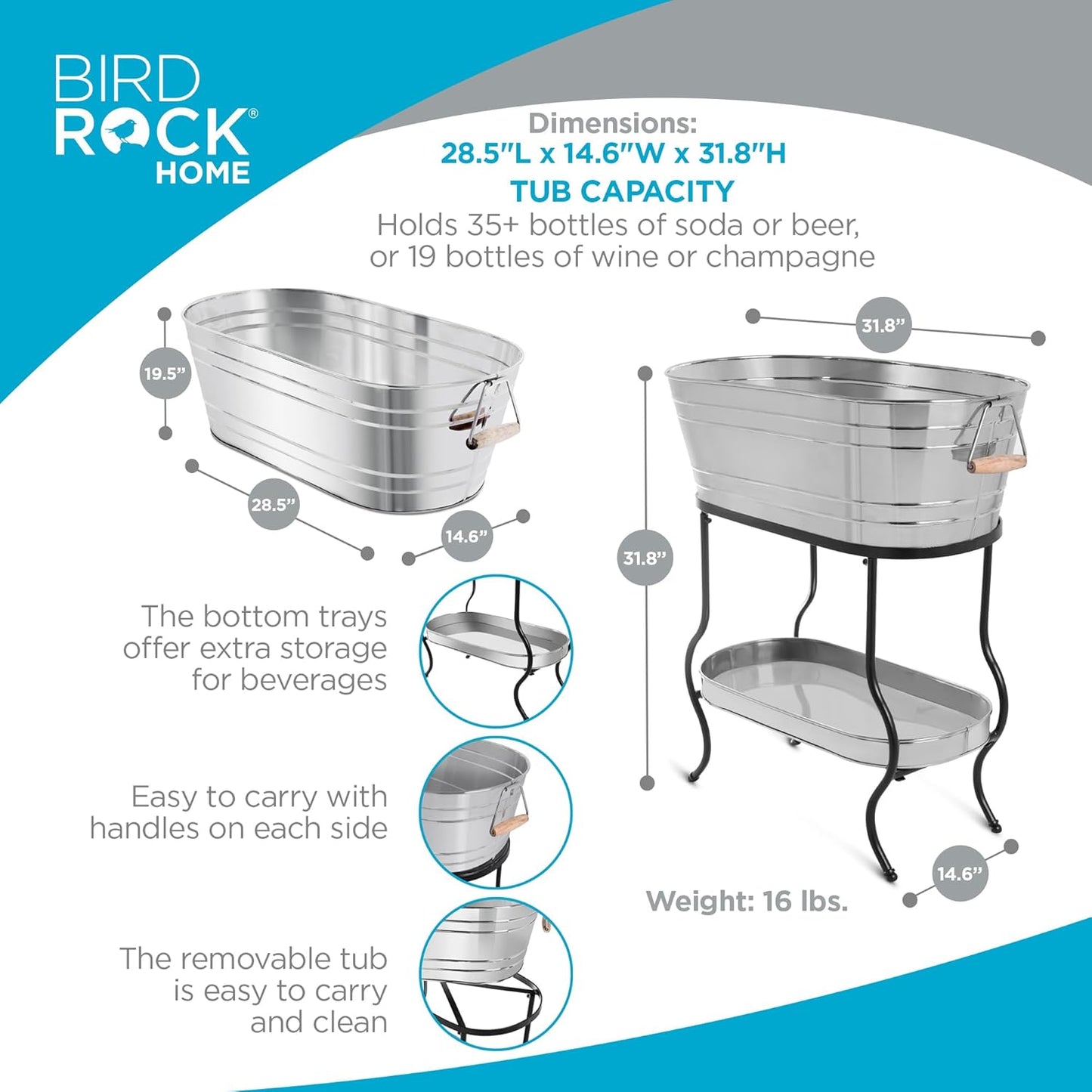 BIRDROCK Home Stainless Steel Beverage Tub with Stand - Bottom Tray - Ice Bucket - Party Drink Holder - Wooden Handles - Outdoor or Indoor Use - Free Standing