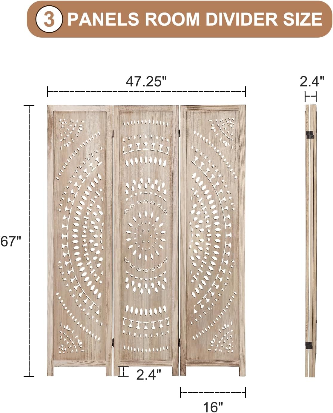 3 Panel Wooden Room Divider Screen - 8 Foot Tall Rustic Wood Privacy Partition with Floral Carved Cutouts, Foldable Farmhouse Decor for Bedroom, Home Office, Garden & Terrace (Natural)