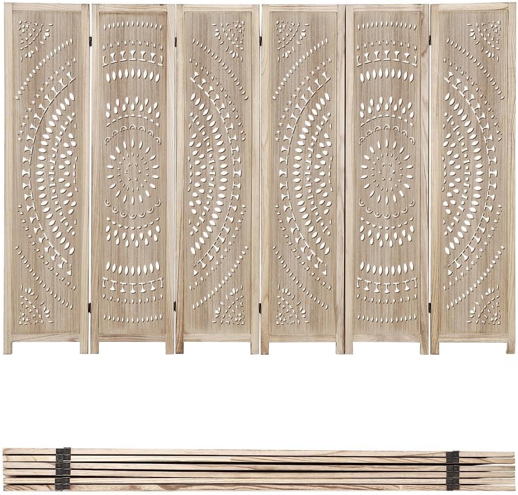 3 Panel Wooden Room Divider Screen - 8 Foot Tall Rustic Wood Privacy Partition with Floral Carved Cutouts, Foldable Farmhouse Decor for Bedroom, Home Office, Garden & Terrace (Natural)