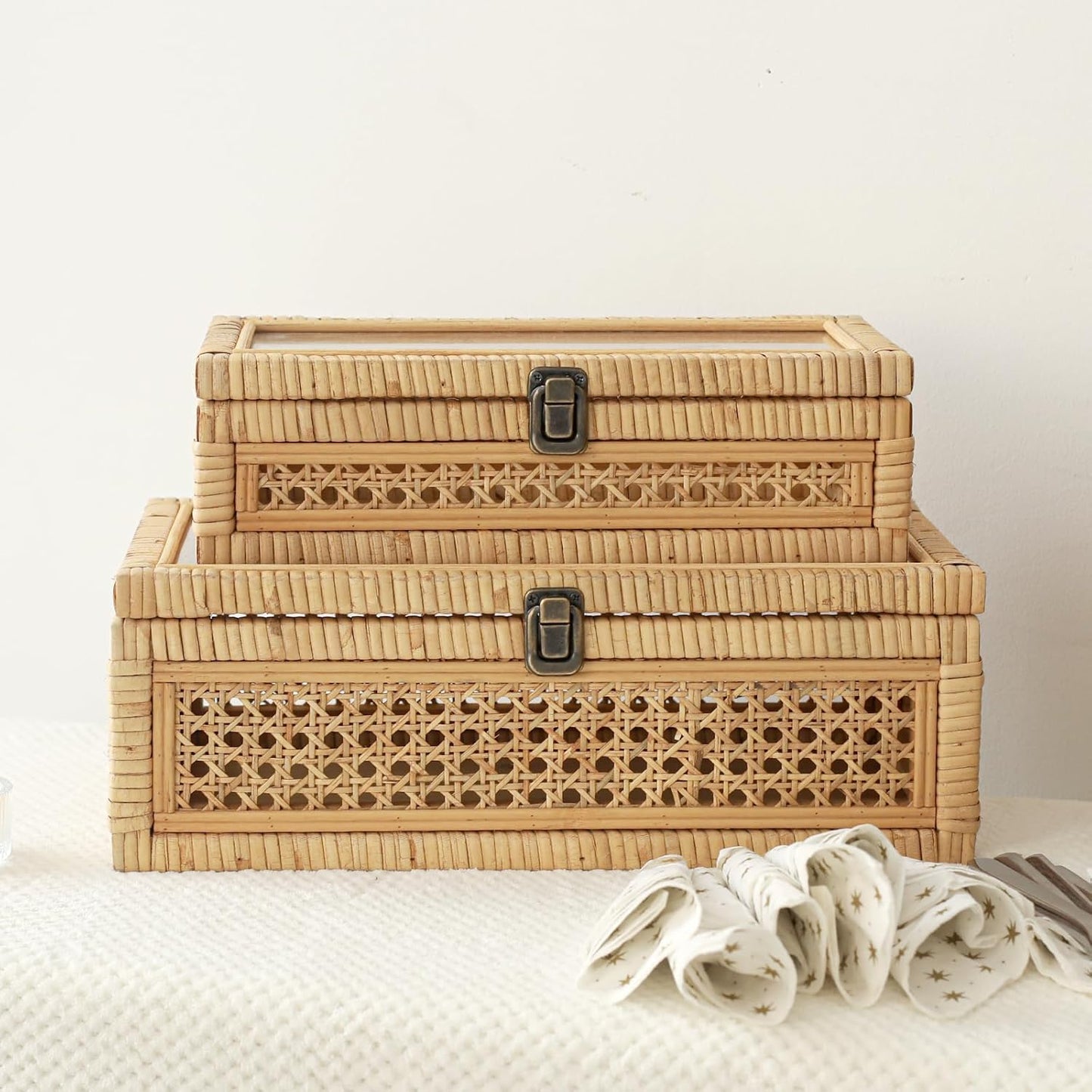 Rattan and Cane Stacking Boxes with Glass Top Lid - Set of 2 11.8" and 14.1", for Boho and Rustic Farmhouse Decor, Brown