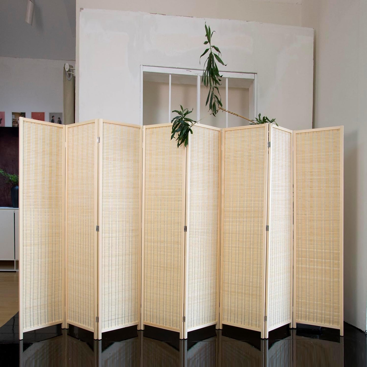 8 Panel Room Divider Folding Privacy Screen,67 inch Bamboo Panel Divider for Home Partition,Beige