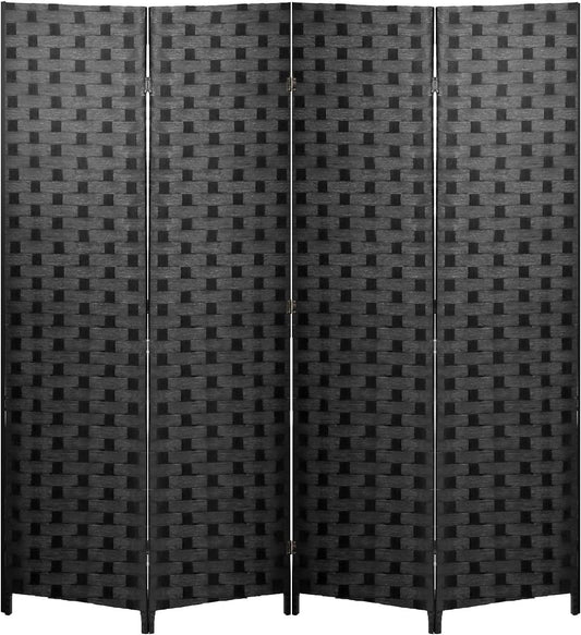 Room Divider 6FT Wall Divider Wood Screen 4 Panels Wood Mesh Hand-Woven Design Room Screen Divider Indoor Folding Portable Partition Screen,Black