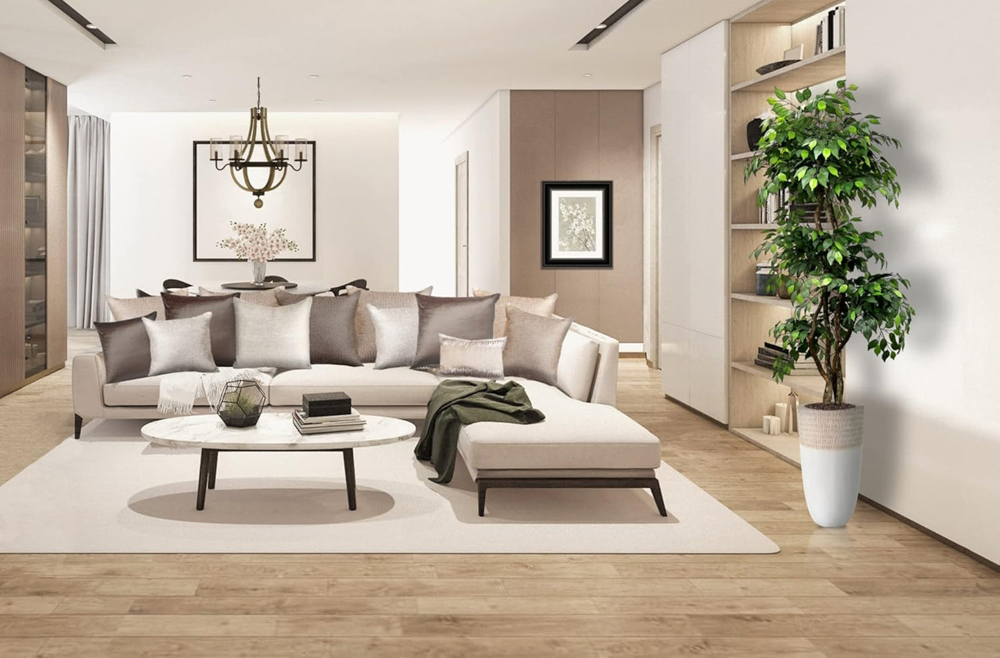 Cypress & Alabaster Handmade 6.5ft 3-Tier Ficus Artificial Tree with Ethically Sourced Real Wood Trunks, Hypoallergenic, 6.5-Foot, Green