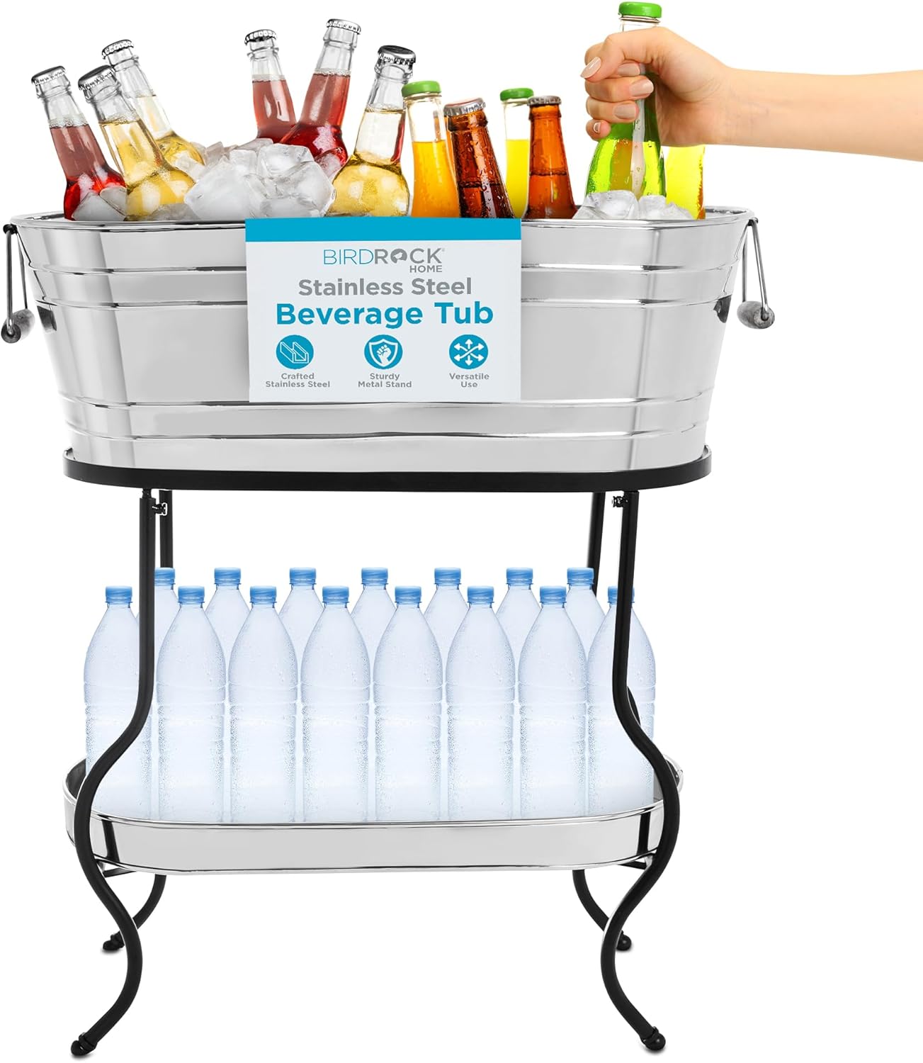 BIRDROCK Home Stainless Steel Beverage Tub with Stand - Bottom Tray - Ice Bucket - Party Drink Holder - Wooden Handles - Outdoor or Indoor Use - Free Standing