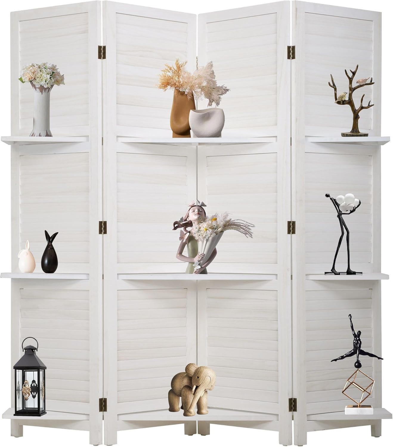 4 Panel Room Divider Folding Privacy Wooden Screen with Three Clever Shelf Portable Partition Wood Divider for Home Office, Natural