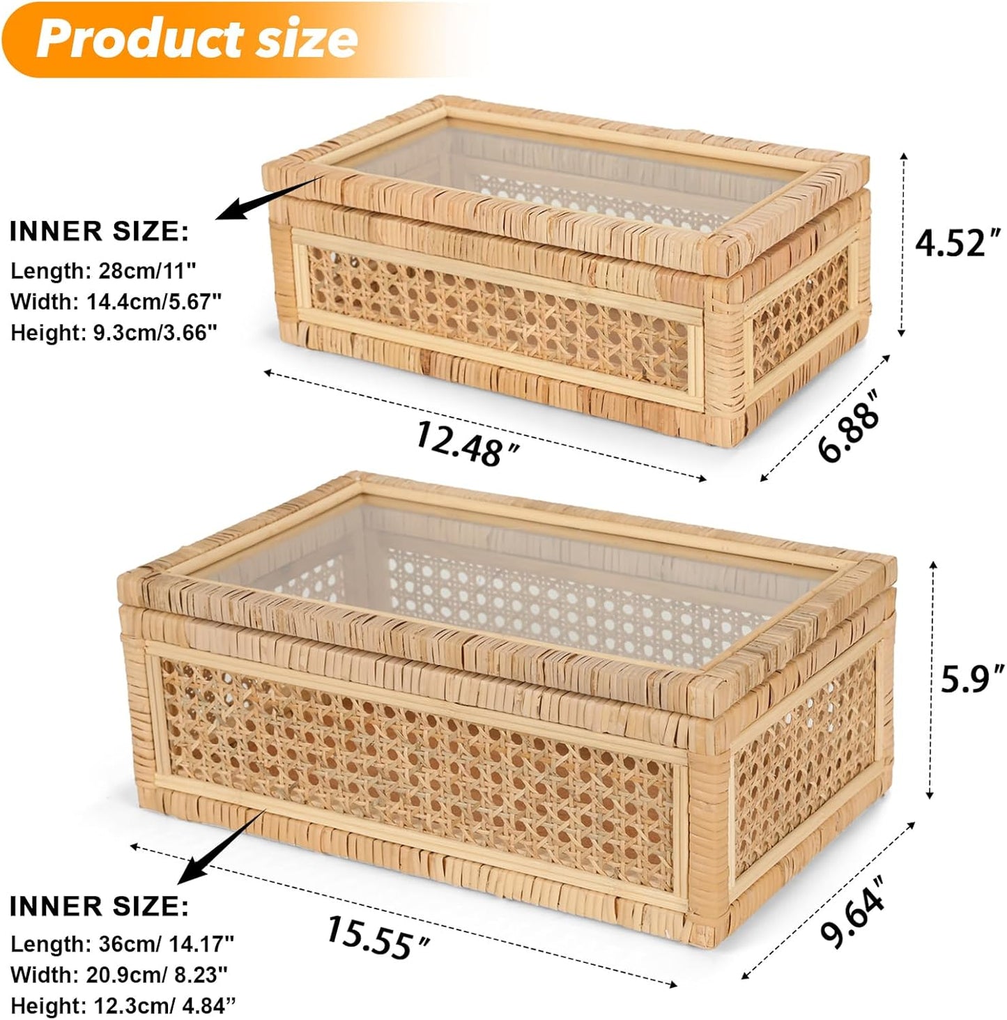 Large Handwoven Boho Rattan Display Boxes with Glass Lids - Set of 2 Rectangular Decorative Storage Bins - Natural Woven Cane Home Decor Organizers (15.55" x 9.64" x 5.9" & 12.48" x 6.88" x 4.52")