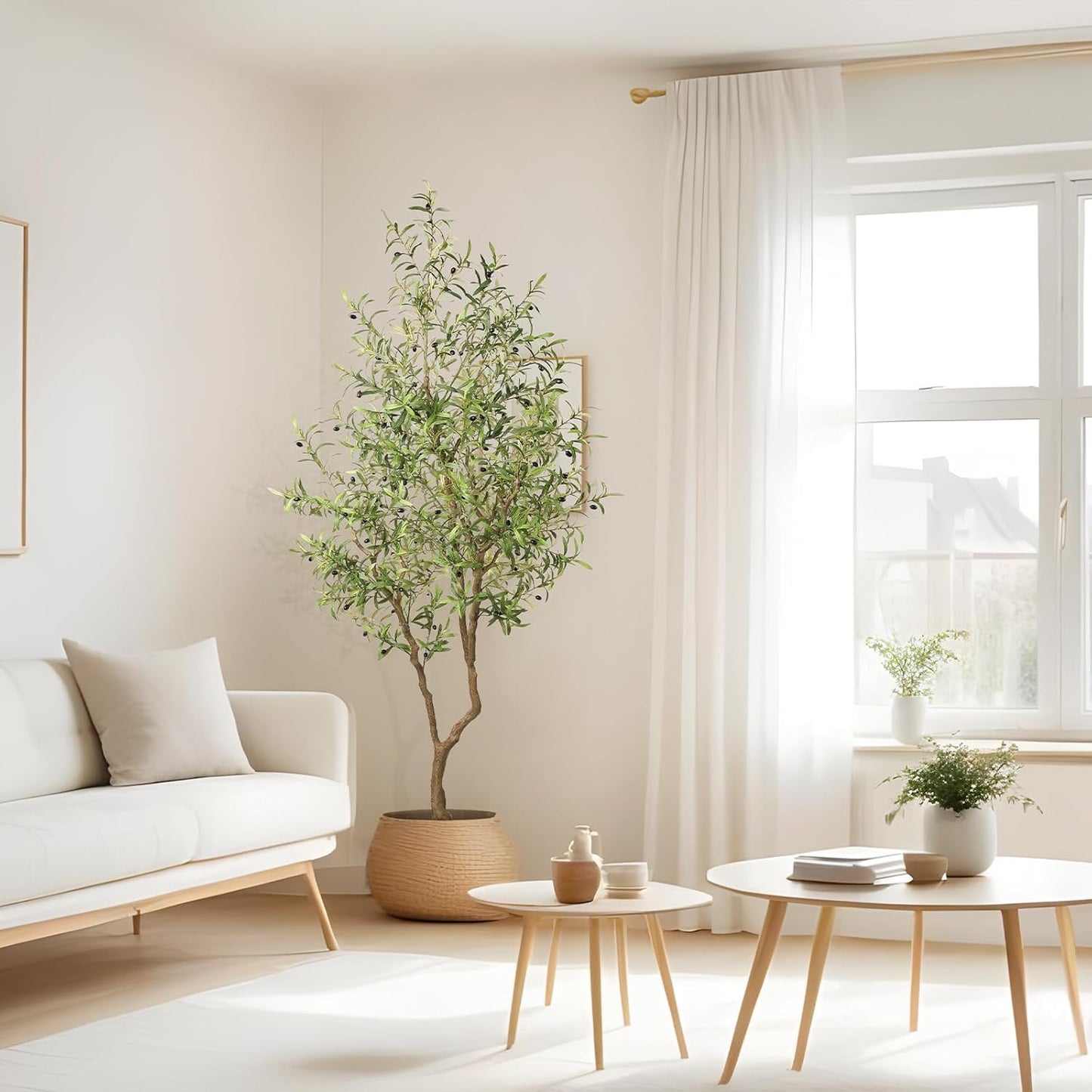 8ft Faux Olive Tree - Large Realistic Artificial Olive Trees 8 Feet (96") Indoor Fake Plants with Realistic Trunk, Adjustable Branch, Olive Silk Tree with Planter for Home Living Room Decor