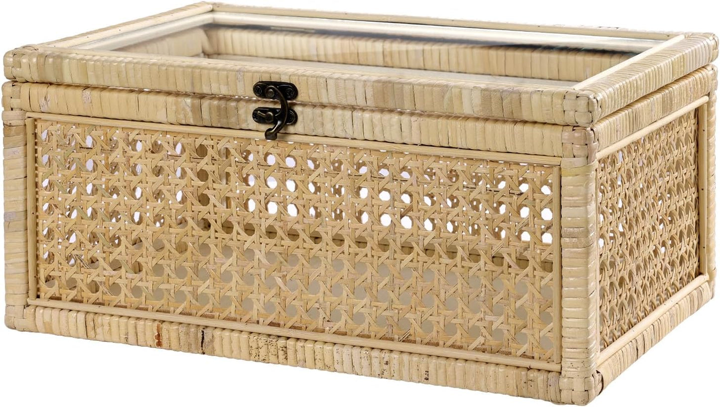 ANMINY Rattan Decorative Basket Box with Glass Lids, Set of 3 Boho Rectangular Display Boxes with Clear Top, Stackable Natural Handwoven Cane Wicket Storage Baskets Bins for Home Farmhouse Decor
