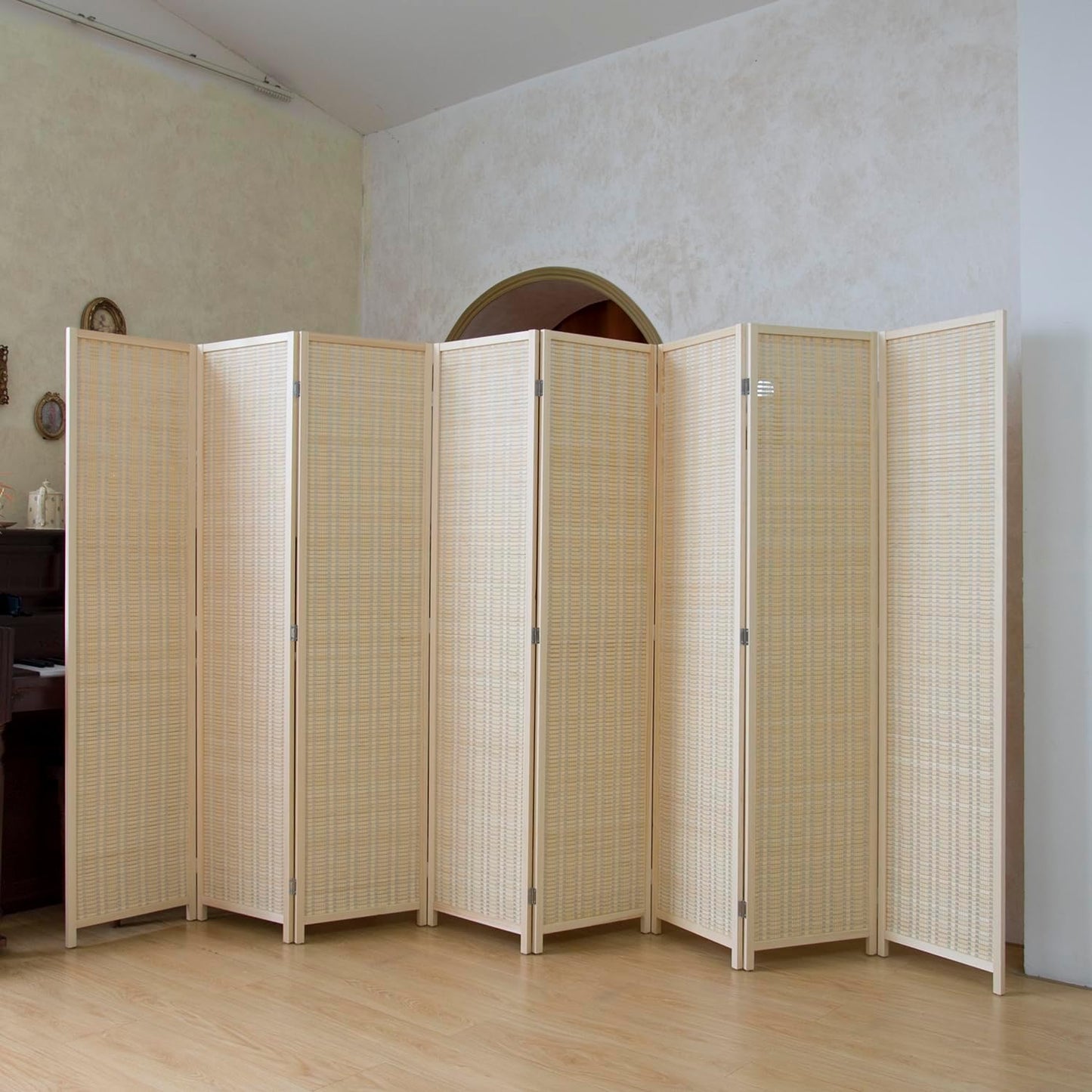 8 Panel Room Divider Folding Privacy Screen,67 inch Bamboo Panel Divider for Home Partition,Beige
