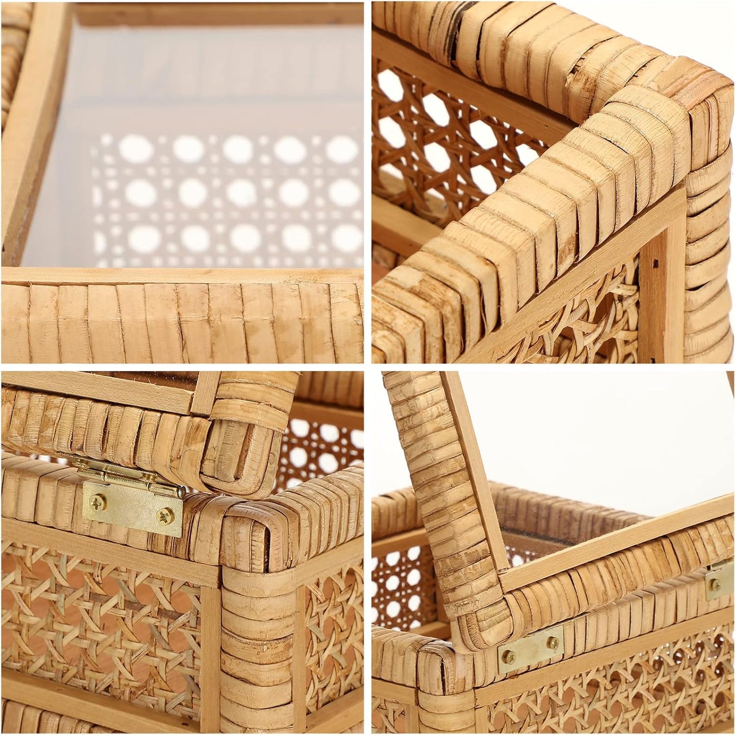 Amyhill Set of 2 Rattan Box Rattan with Glass Lids Decorative Woven Cane Boxes Multipurpose Square Basket for Home Shelf Organizer(15.4 x 9.5 x 7.1 Inch, 12.6 x 6.7 x 4.3 Inch)