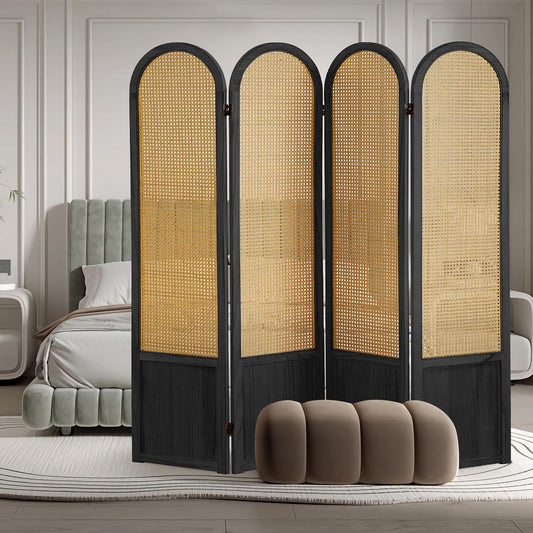 4 Panel Room Dividers and Folding Privacy Screens, Hand-Made Rattan Room Divider with Bi-Directional Hinge, Pre-Assembled Wood Room Divider Wall for Home Office Bedroom, Black