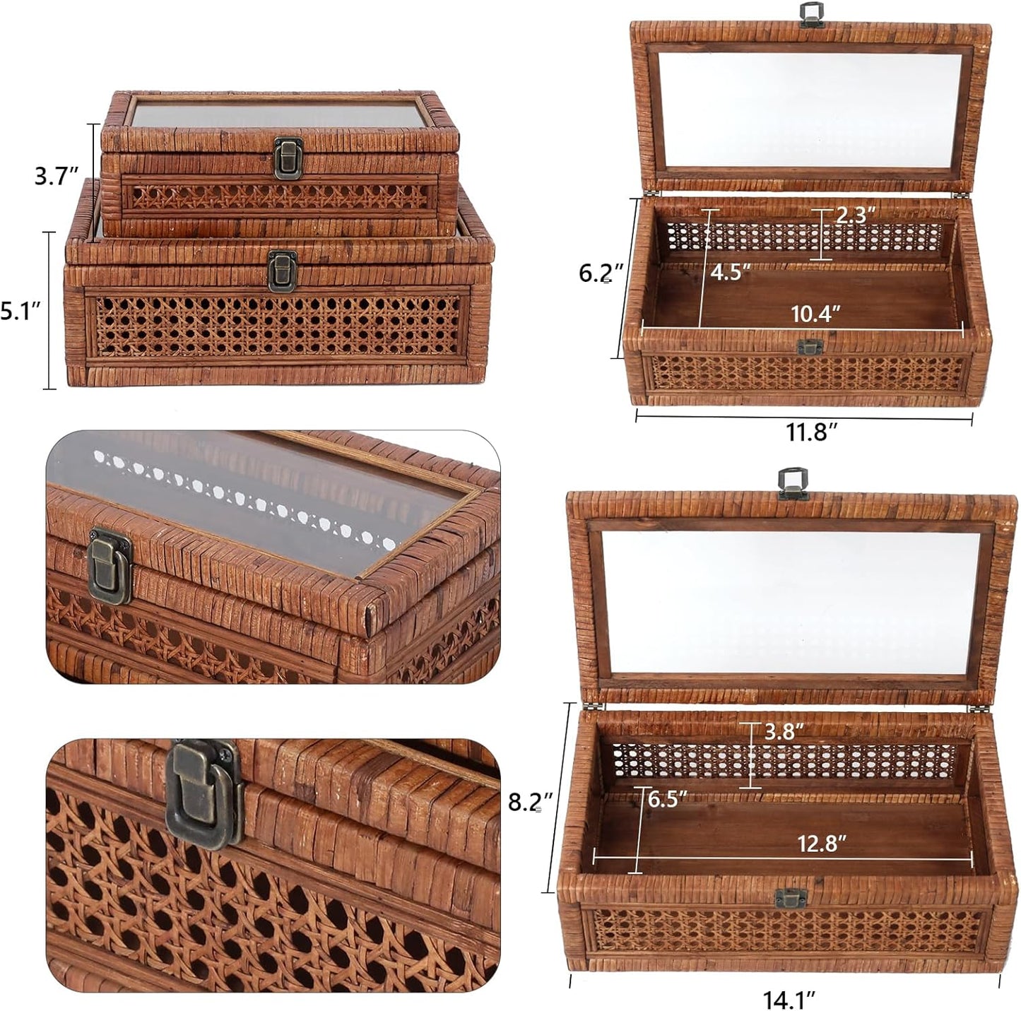 Rattan and Cane Stacking Boxes with Glass Top Lid - Set of 2 11.8" and 14.1", for Boho and Rustic Farmhouse Decor, Brown