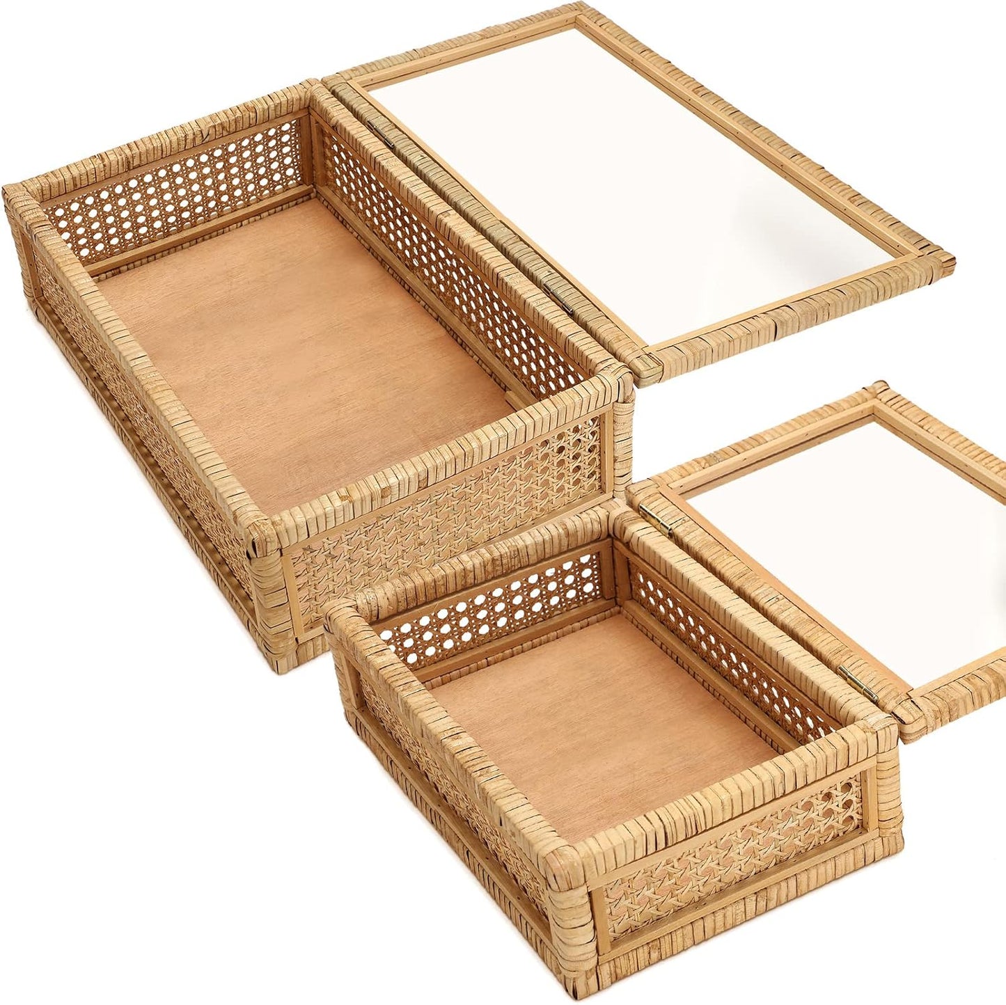 Amyhill Set of 2 Rattan Box Rattan with Glass Lids Decorative Woven Cane Boxes Multipurpose Square Basket for Home Shelf Organizer(15.4 x 9.5 x 7.1 Inch, 12.6 x 6.7 x 4.3 Inch)