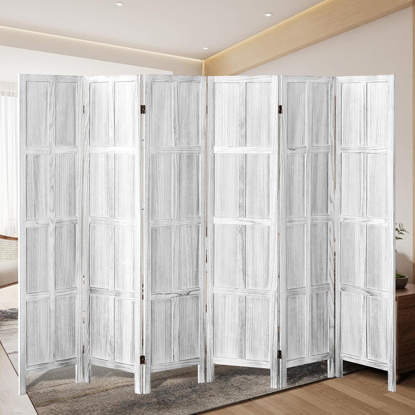 6 Panel Wood Room Divider Screen, 5.6 FT Folding Privacy Screen Room Divider, Partition Divider for Room Separation, Folding Wood Panel Wall Divider for Home Office Bathroom (Retro White)