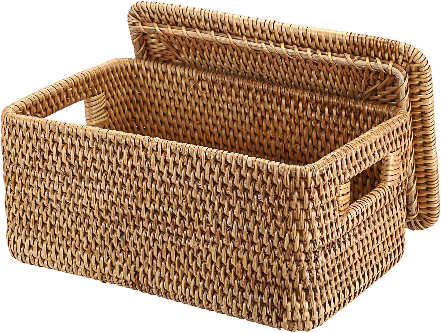Hipiwe Wicker Storage Bins with Lid Handwoven Rattan Baskets Rectangular Decorative Shelf Baskets Bin with Handles Household Basket Boxes for Home Organizing,13.2"L x10.2"W x6.7"H