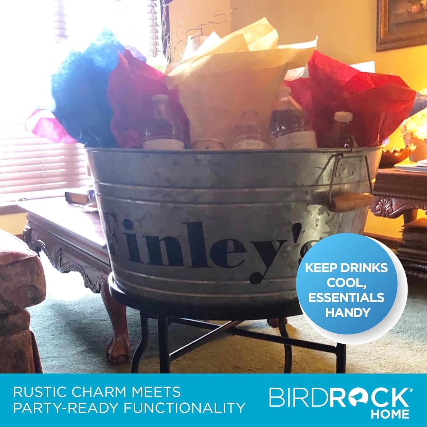 BirdRock Home Galvanized Beverage Tub with Stand | Bottle Opener | Party Drink Holder | Wooden Handles | Outdoor or Indoor Use | Free Standing