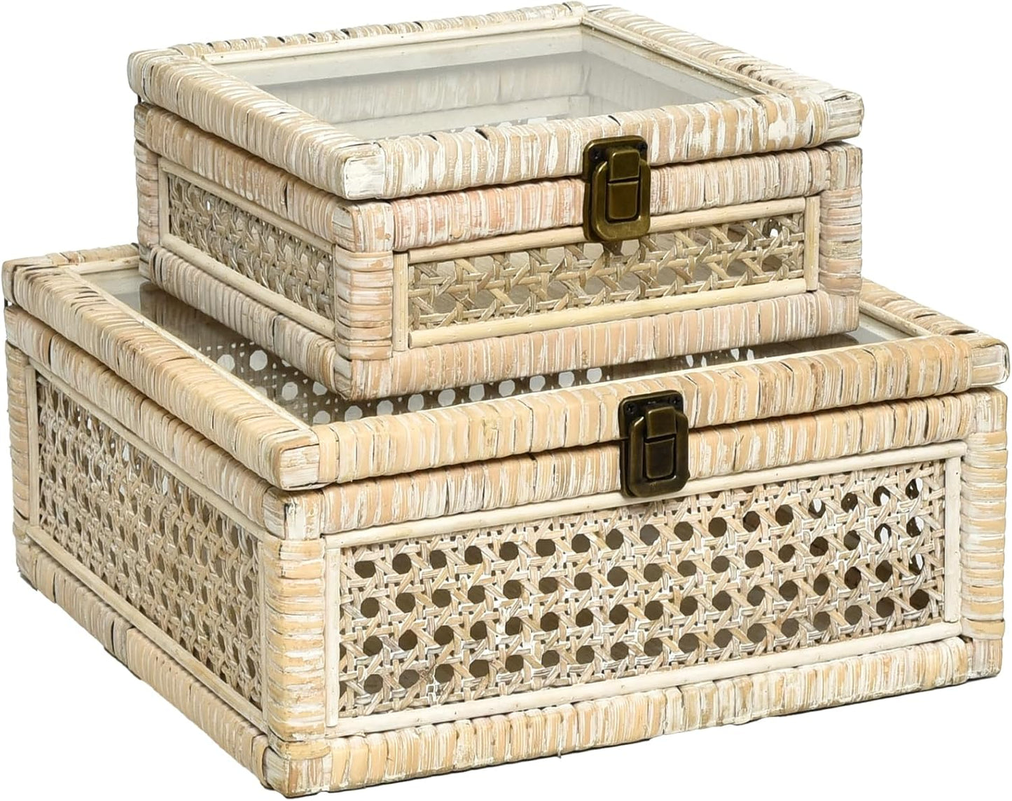 Rattan and Cane Stacking Boxes with Glass Top Lid - Set of 2 11.8" and 14.1", for Boho and Rustic Farmhouse Decor, Brown