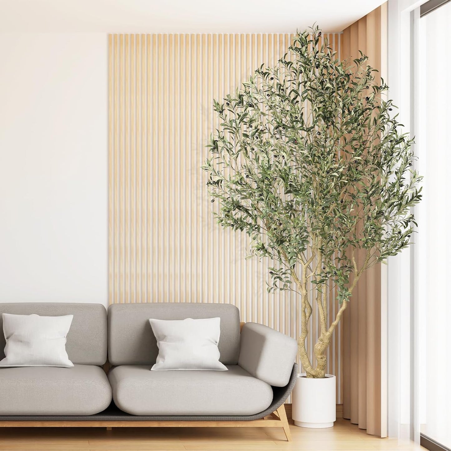 Realead Artificial Olive Tree 8ft - Large Faux Olive Tree with Realistic Leaves and Olives - Full and Grand Design Fake Olive Tree with Sturdy Base for Indoor Outdoor Office Decor