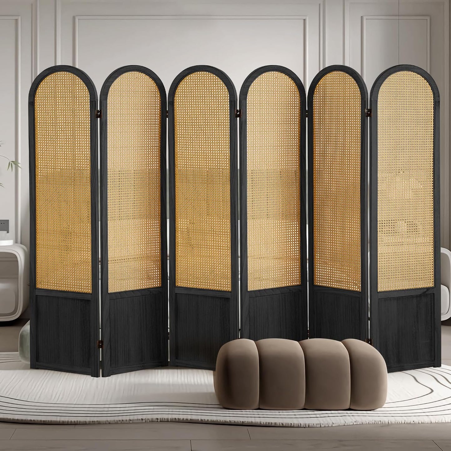 4 Panel Room Dividers and Folding Privacy Screens, Hand-Made Rattan Room Divider with Bi-Directional Hinge, Pre-Assembled Wood Room Divider Wall for Home Office Bedroom, Black