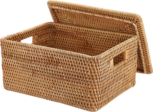 Hipiwe Wicker Storage Bins with Lid Handwoven Rattan Baskets Rectangular Decorative Shelf Baskets Bin with Handles Household Basket Boxes for Home Organizing,13.2"L x10.2"W x6.7"H