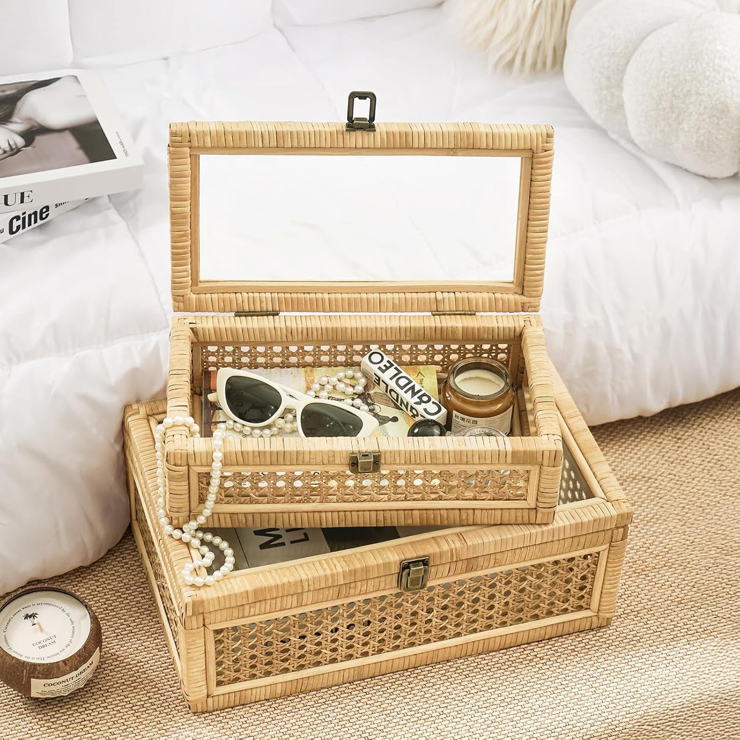 Rattan Decorative Box with Lid, Set of 2 Wicker Storage Baskets, Rectangular Woven Stacking Display Boxes with Glass Top, Large Natural Cane and Wood Storage Bins for Home Decor, Boho Shelf Organizer